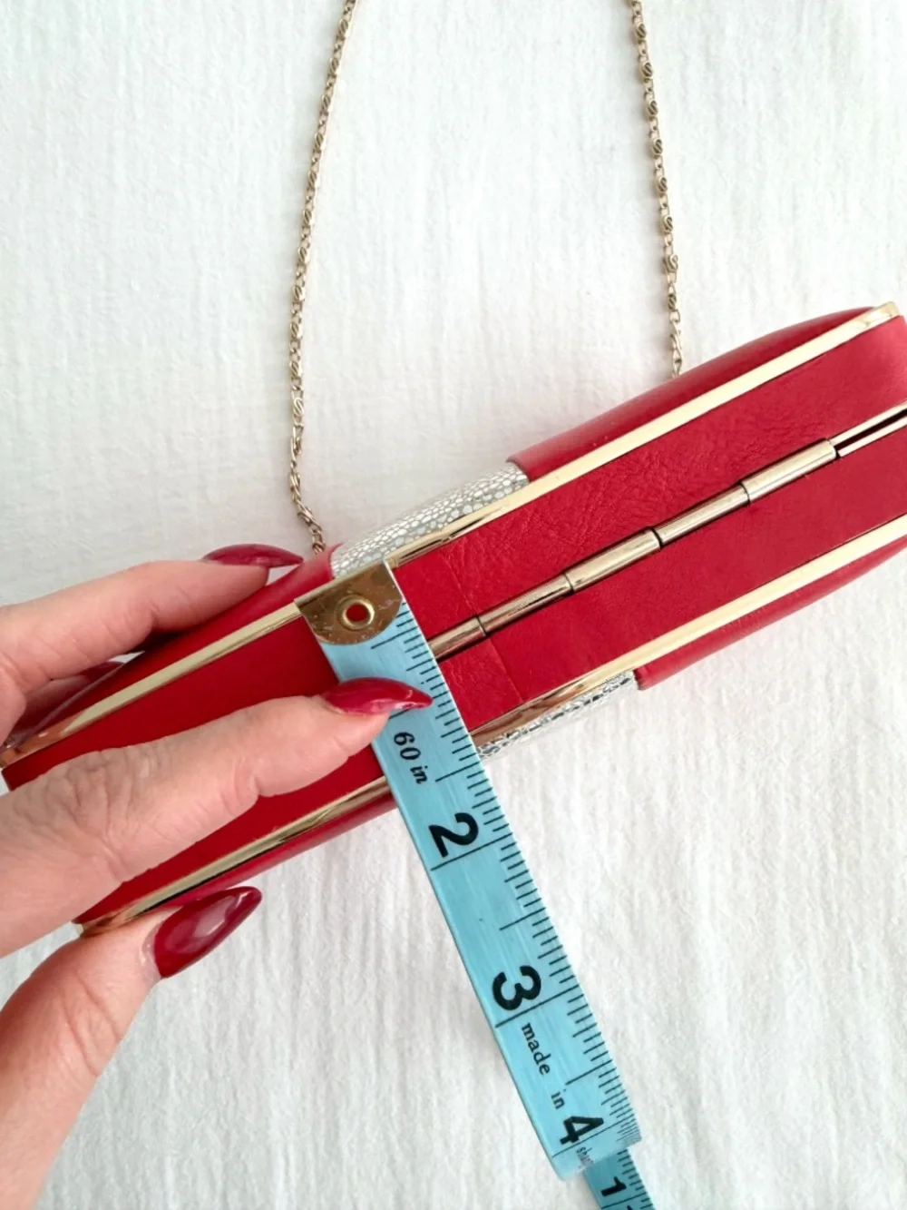 J. McLaughlin Small Red & Gold Leather Clutch Shoulder Purse w/ Gold Chain